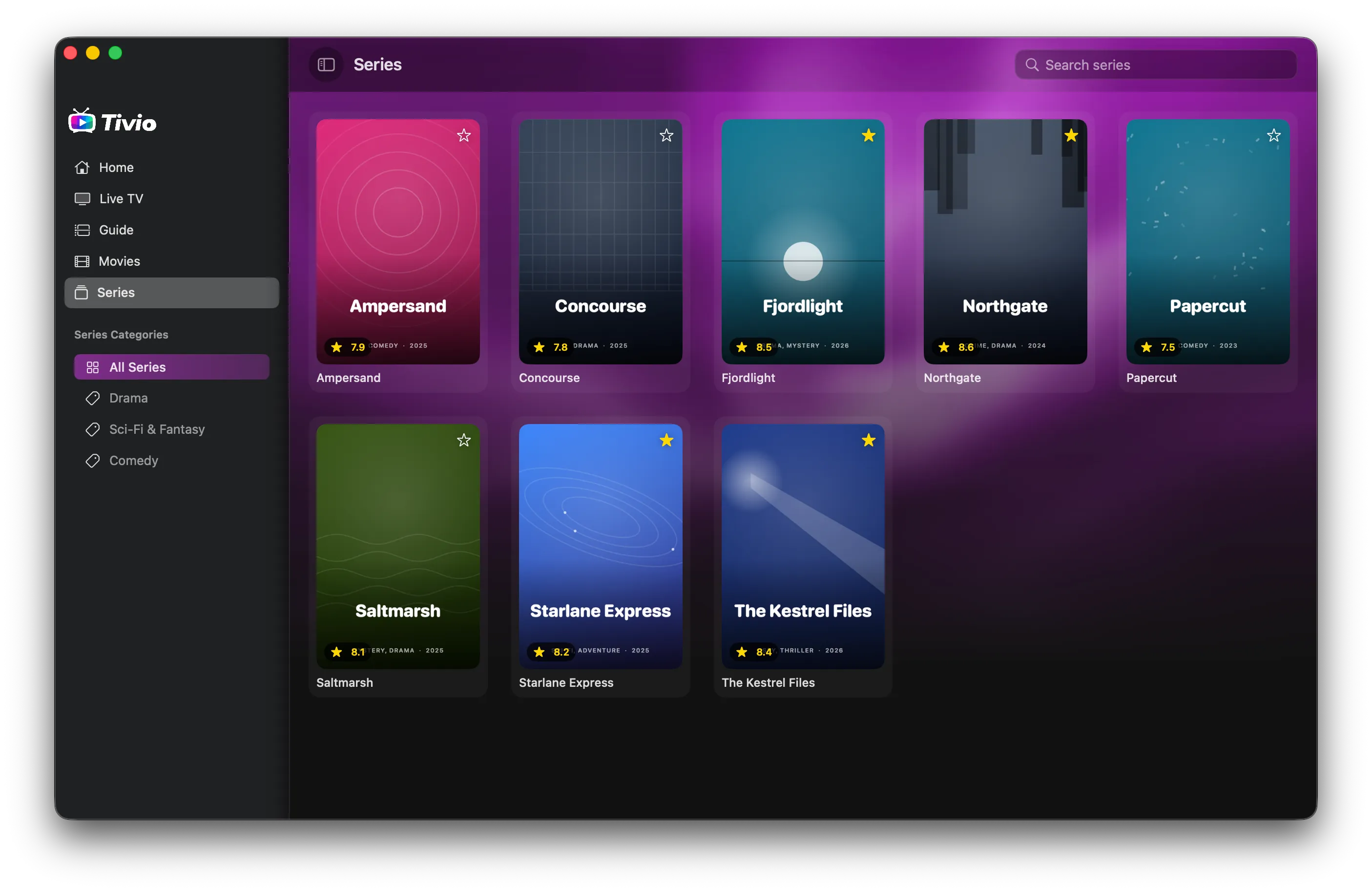 Tivio Player series view with seasons, episodes, and resume support